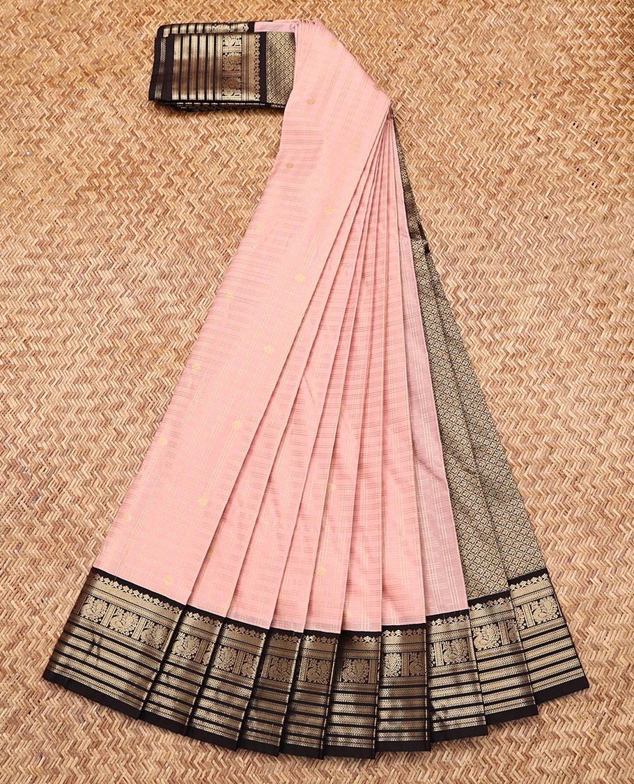 Pink Budget Silk Saree, Prettified with Zari Buttas and Checks, Complemented by a Contrast Traditional Zari Border, Grand Pallu, and a Contrast Blouse