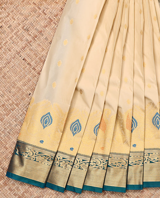 Sandal Budget Silk Saree, Sparsely Sparkled with Zari Buttas, a Contrast Traditional Zari Border, Intricate Pallu, and a Contrast Blouse