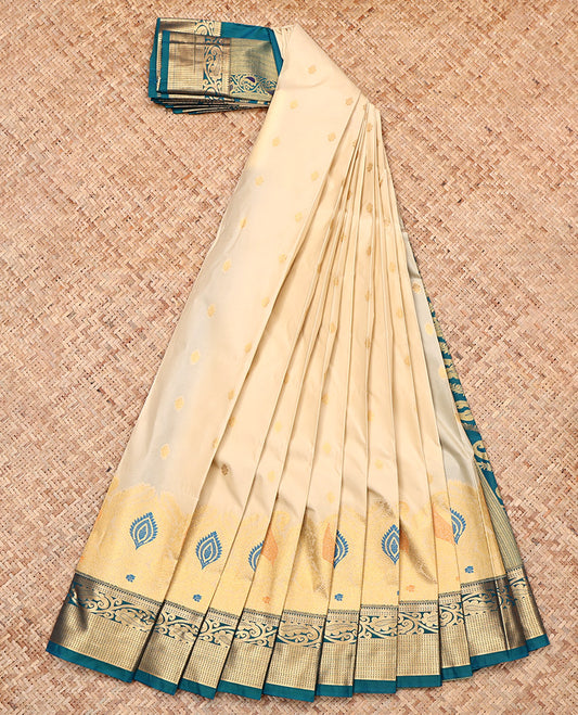 Sandal Budget Silk Saree, Sparsely Sparkled with Zari Buttas, a Contrast Traditional Zari Border, Intricate Pallu, and a Contrast Blouse