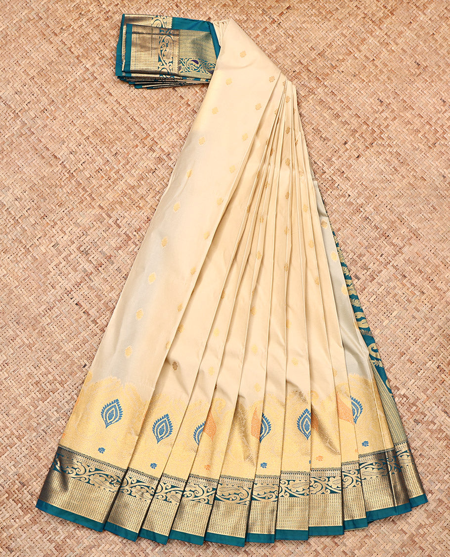 Sandal Budget Silk Saree, Sparsely Sparkled with Zari Buttas, a Contrast Traditional Zari Border, Intricate Pallu, and a Contrast Blouse