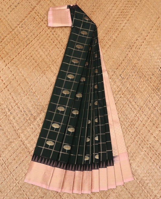 Green Budget Silk Saree Intricately Designed with Floral Butta Enclosed Checks, Featuring a Contrast Temple Peacock Zari Border, Subtly Woven Jaal Pallu, and Paired with a Contrast Blouse