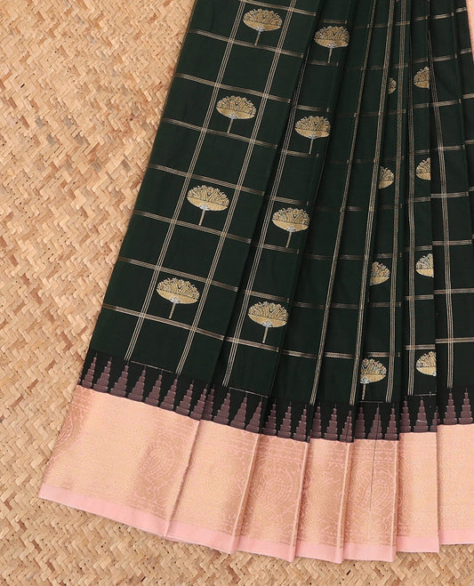 Green Budget Silk Saree Intricately Designed with Floral Butta Enclosed Checks, Featuring a Contrast Temple Peacock Zari Border, Subtly Woven Jaal Pallu, and Paired with a Contrast Blouse