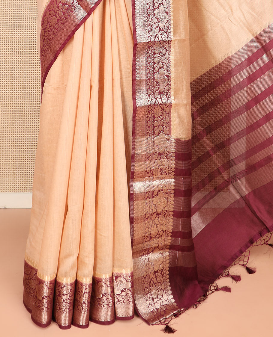 Sandal Plain Assam Silk Saree, Complemented by a Contrast Floral Creeper Zari Design Border, Pallu Steeped with Zari Stripes, and Paired with a Contrast Blouse