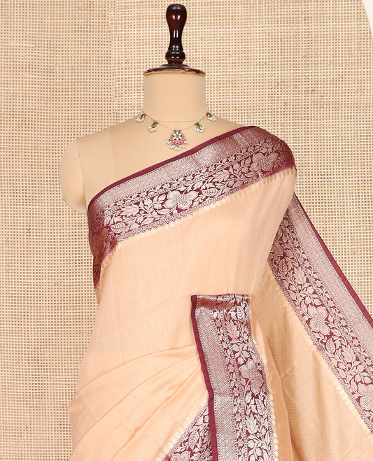 Sandal Plain Assam Silk Saree, Complemented by a Contrast Floral Creeper Zari Design Border, Pallu Steeped with Zari Stripes, and Paired with a Contrast Blouse