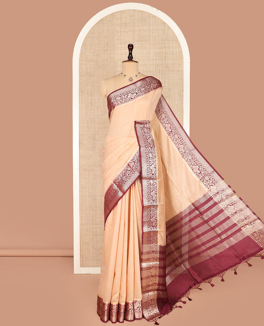 Sandal Plain Assam Silk Saree, Complemented by a Contrast Floral Creeper Zari Design Border, Pallu Steeped with Zari Stripes, and Paired with a Contrast Blouse