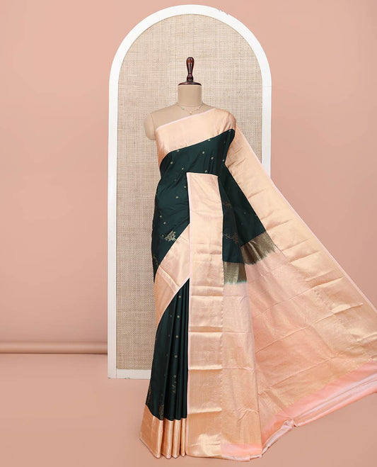 Green Budget Silk Saree, Elevated with Zari Buttas All Over Its Body, Complemented by a Contrast Traditional Zari Design Border, Intricately Designed Pallu, and Paired with a Contrast Blouse