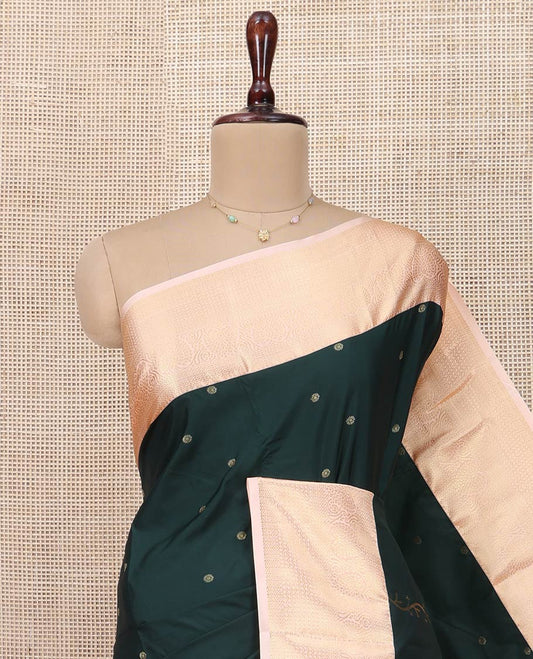 Green Budget Silk Saree, Elevated with Zari Buttas All Over Its Body, Complemented by a Contrast Traditional Zari Design Border, Intricately Designed Pallu, and Paired with a Contrast Blouse