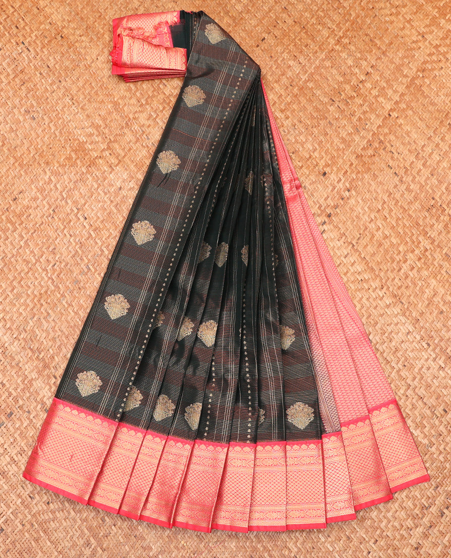 Black Budget Silk Saree, Decorated with Buttas and Stripes All Over Its Body, Complemented by Contrast Traditional Zari Designs Woven Border, Grand Pallu and Paired with a Contrast Blouse