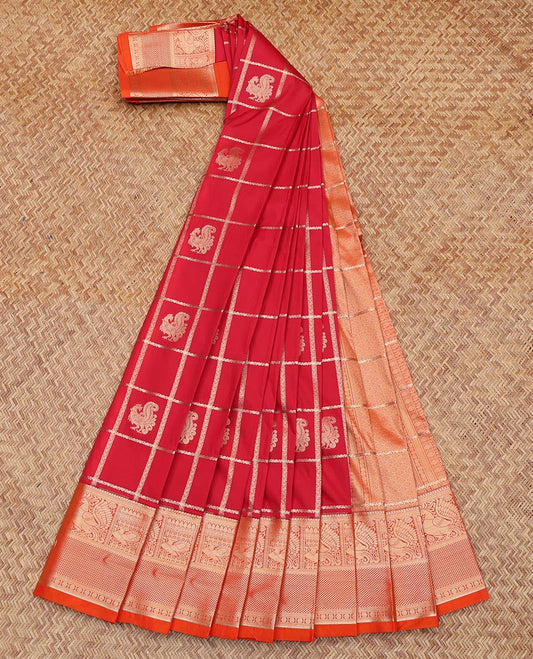 Red Budget Silk Saree, Enriched with Peacock Butta Enclosed Checks On Its Body, Complemented by Contrast Traditional Zari Designs Woven Border, Grand Pallu and Paired with a Contrast Blouse