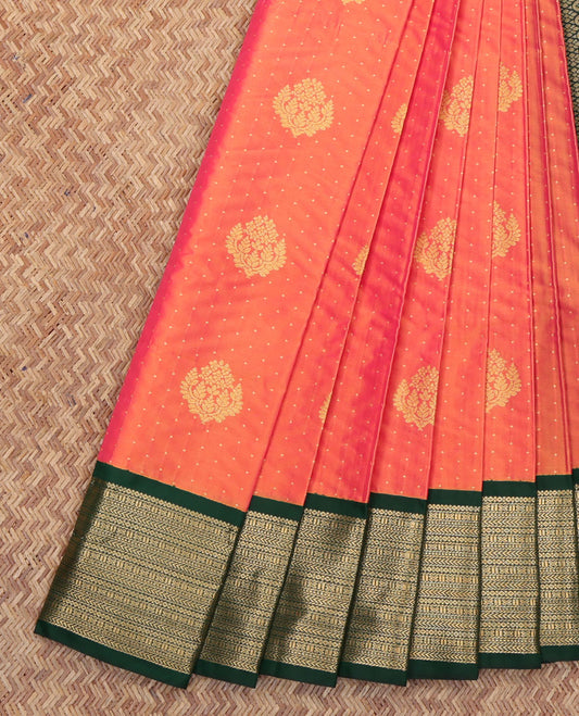 Orange Budget Silk Saree, Mesmerized with Zari Buttas All Over Its Body, Complemented by a Contrast Traditional Zari Design Border, Intricately Designed Pallu, and Paired with a Contrast Blouse