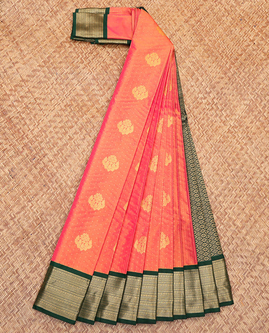 Orange Budget Silk Saree, Mesmerized with Zari Buttas All Over Its Body, Complemented by a Contrast Traditional Zari Design Border, Intricately Designed Pallu, and Paired with a Contrast Blouse