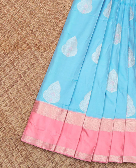 Light Blue Budget Silk Saree, Sparsely Sparked with Zari Buttas All Over Its Body, Complemented by Contrast Traditional Zari Designs Woven Rettai Pettu Border, Grand Jaal Pallu and Paired with a Contrast Blouse