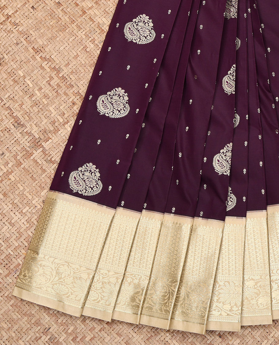 Dark Maroon Budget Silk Saree, Meticulously Crafted with Zari Buttas All Over Its Body, Complemented by a Contrast Traditional Zari Design Border, Sparsely Woven Pallu, and Paired with a Contrast Blouse