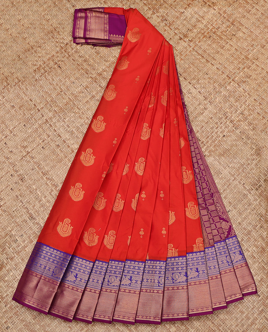 Rust Budget Silk Saree, Adorned with Zari Buttas All Over Its Body, Complemented by a Contrast Traditional Zari Border, Grand Zari Checked Pallu, and Paired with a Contrast Blouse