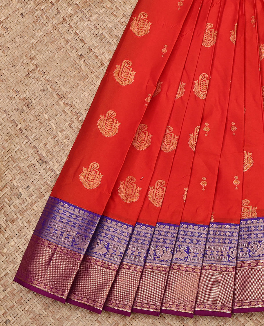Rust Budget Silk Saree, Adorned with Zari Buttas All Over Its Body, Complemented by a Contrast Traditional Zari Border, Grand Zari Checked Pallu, and Paired with a Contrast Blouse