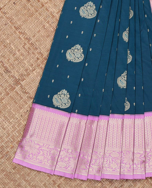 Blue Budget Silk Saree, Decked Up with Zari Buttas on Its Body, Complemented by a Contrast Traditional Zari Design Border, Intricately Designed Pallu, and Paired with a Contrast Blouse