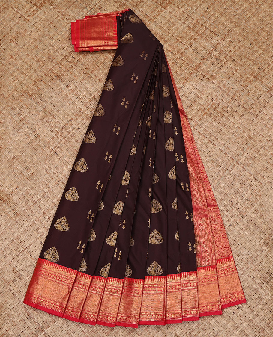 Brown Budget Silk Saree, Decorated with Zari Buttas All Over Its Body, Complemented by a Contrast Traditional Zari Design Border, Grand Pallu, and Paired with a Contrast Blouse
