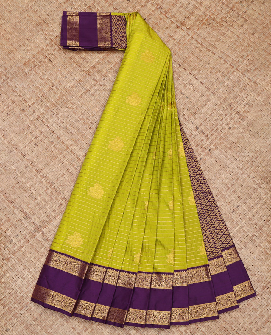 Parrot Green Budget Silk Saree, Accentuated with Zari Buttas and Stripes All Over Its Body, Complemented by a Contrast Traditional Zari Border of Paisley Designs, Pallu of Jaal Designs, and Paired with a Contrast Blouse