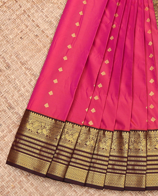 Pink Budget Silk Saree, Enriched with Zari Buttas on Its Body, Complemented by a Contrast Traditional Zari Design Border, Grand Pallu, and Paired with a Contrast Blouse