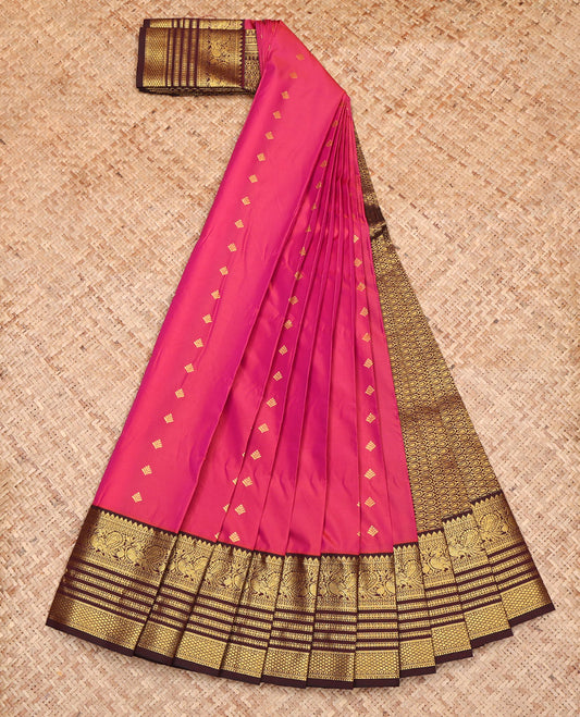 Pink Budget Silk Saree, Enriched with Zari Buttas on Its Body, Complemented by a Contrast Traditional Zari Design Border, Grand Pallu, and Paired with a Contrast Blouse