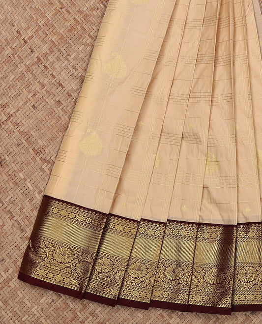 Sandal Budget Silk Saree, Subtly Sparkled with Zari Designs, Complemented by Contrast Traditional Rettai Pettu Border, Pallu of Paisleys and a Contrast Blouse