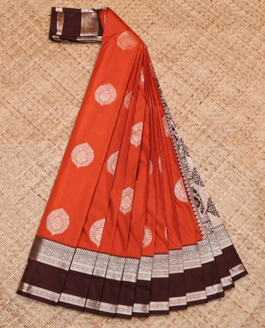 Orange Budget Silk Saree, Finely Crafted with Zari Buttas, Complemented by a Contrast Traditional Zari  Rettai Pettu Border, Grand Pallu, and a Contrast Blouse