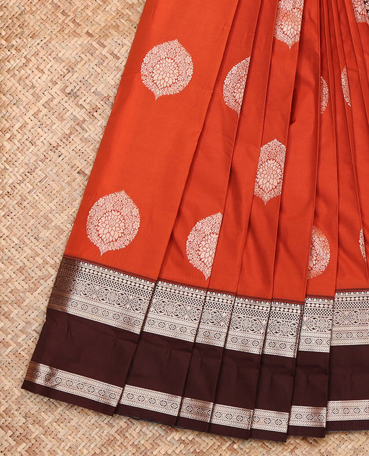 Orange Budget Silk Saree, Finely Crafted with Zari Buttas, Complemented by a Contrast Traditional Zari  Rettai Pettu Border, Grand Pallu, and a Contrast Blouse