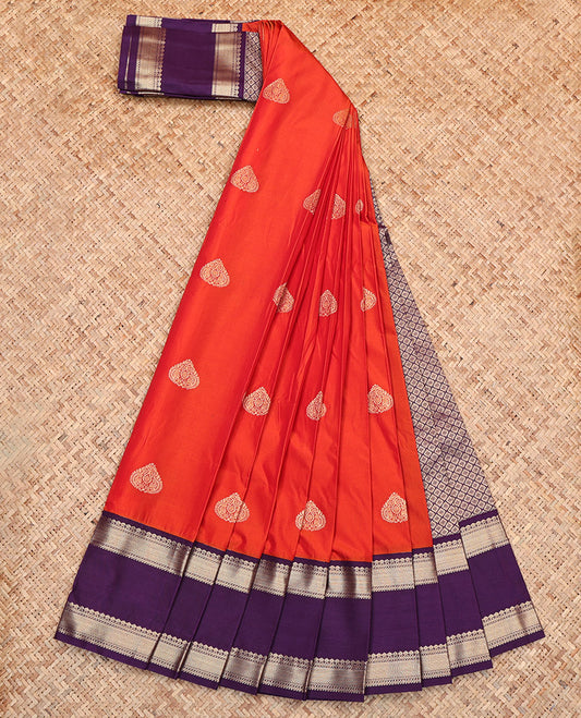 Orange Budget Silk Saree, Woven with Buttas, Complemented by a Contrast Traditional Zari Rettai Pettu Border, Grand Jaal Pallu, and a Contrast Blouse