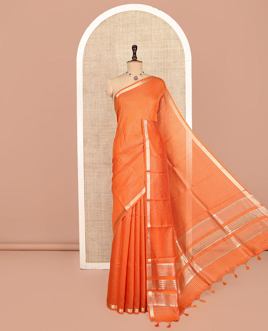 Orange Checked Assam Silk Saree, Highlighted by a Traditional Zari Border, Zari-Striped Pallu, and a Matching Blouse