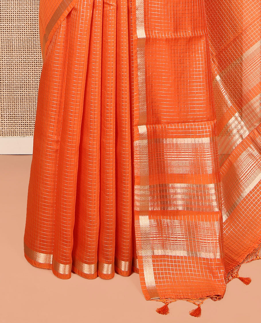 Orange Checked Assam Silk Saree, Highlighted by a Traditional Zari Border, Zari-Striped Pallu, and a Matching Blouse