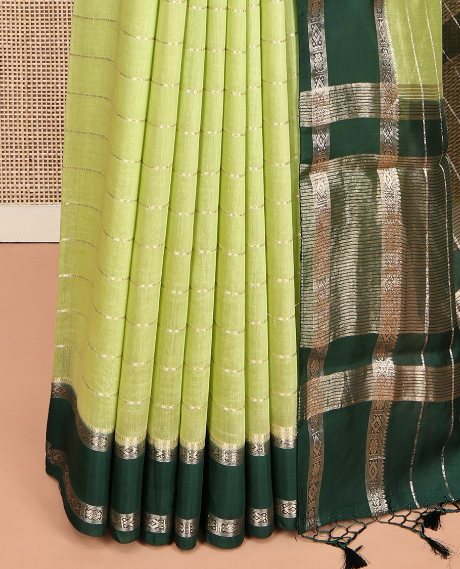 Apple Green Assam Silk Saree, Sparsely Woven with Zari Stripes, Contrast Traditional Zari Border, a Pallu of Zari Stripes, and a Contrast Blouse