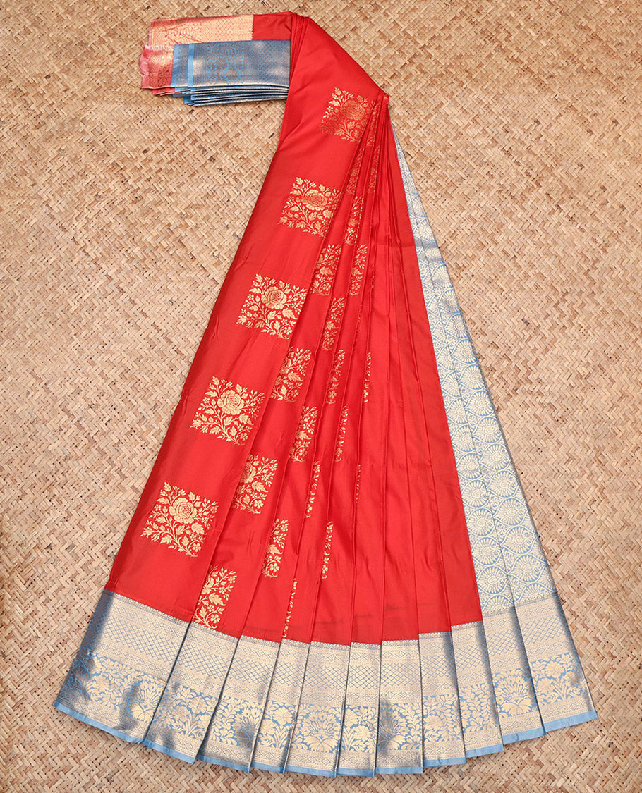 Red Budget Silk Saree, Spotlighted with Zari Buttas, Contrast Traditional Zari Border, Jaal Pallu, and a Contrast Blouse