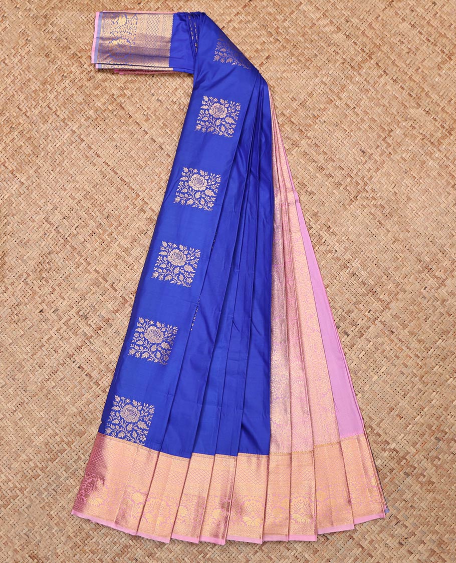 Royal Blue Budget Silk Saree, Accentuated with Zari Buttas, Complemented by Contrast Traditional Zari Border, Grand Pallu and a Contrast Blouse
