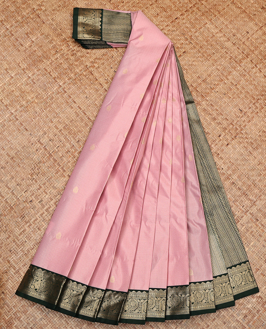 Pink Budget Silk Saree, Prettified with Zari Buttas and Checks, Complemented by Contrast Traditional Zari Border, Geometric Pallu, and a Contrast Blouse
