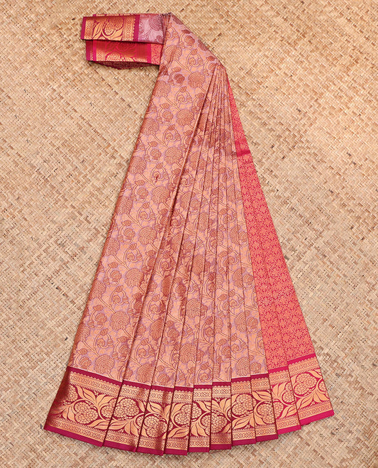 Peach Budget Silk Saree, Sparsely Woven with Floral Jacquard, Complemented by Contrast Floral Creeper Zari Border, Intricate Pallu, and a Contrast Blouse