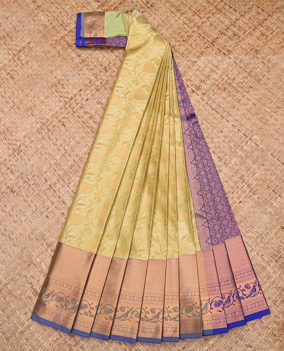 Green Budget Silk Saree, Subtly Sparkled with Jacquard, a Contrast Traditional Zari Border, Jaal Pallu, and a Contrast Blouse