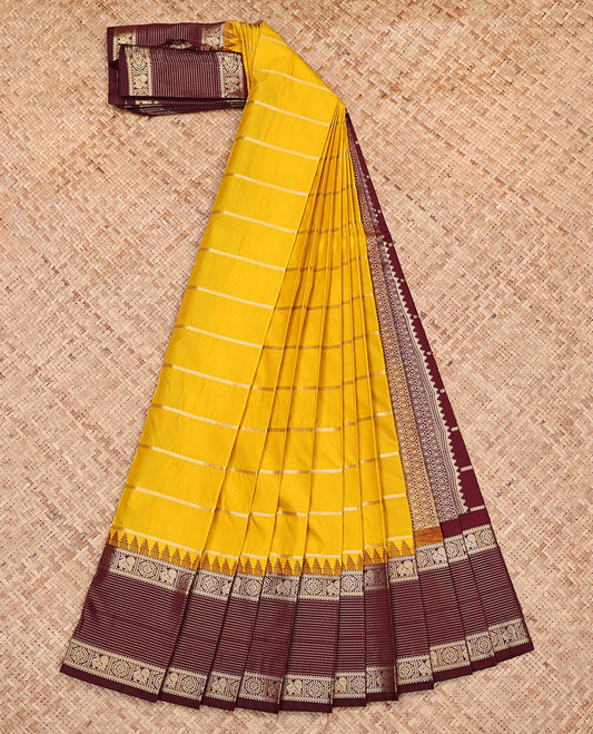 Yellow Budget Silk Saree, Sparsely Threaded with Zari Stripes, Complemented by a Contrast Traditional Zari Temple Border, Grand Pallu, and a Contrast Blouse