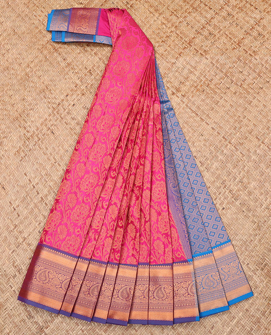 Pink Budget Silk Saree, Decorated with a Jacquard Design, Complemented by a Contrast Traditional Zari Border, Jaal Pallu, and Contrast Blouse