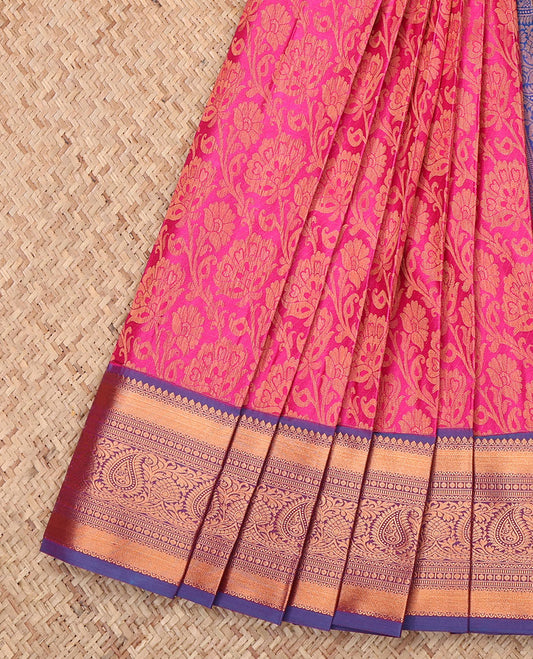 Pink Budget Silk Saree, Decorated with a Jacquard Design, Complemented by a Contrast Traditional Zari Border, Jaal Pallu, and Contrast Blouse