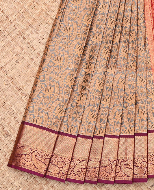 Grey Budget Silk Saree, Decorated with Jacquard Design, Complemented by a Contrast Traditional Zari Border, Grand Pallu, and a Contrast Blouse