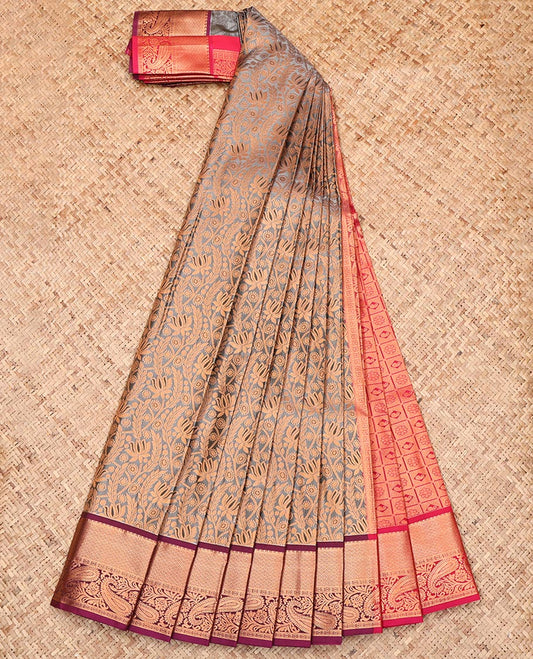 Grey Budget Silk Saree, Decorated with Jacquard Design, Complemented by a Contrast Traditional Zari Border, Grand Pallu, and a Contrast Blouse