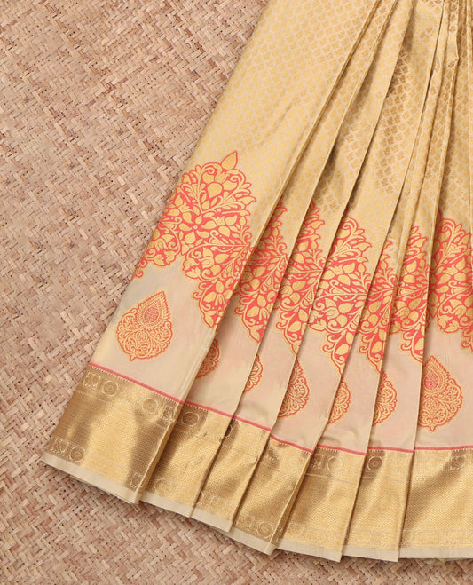 Sandal Budget Silk Saree, Subtly Sparkled with Jacquard Designs, Highlighted by a Traditional Zari Border, Contrast Grand Pallu, and Contrast Blouse