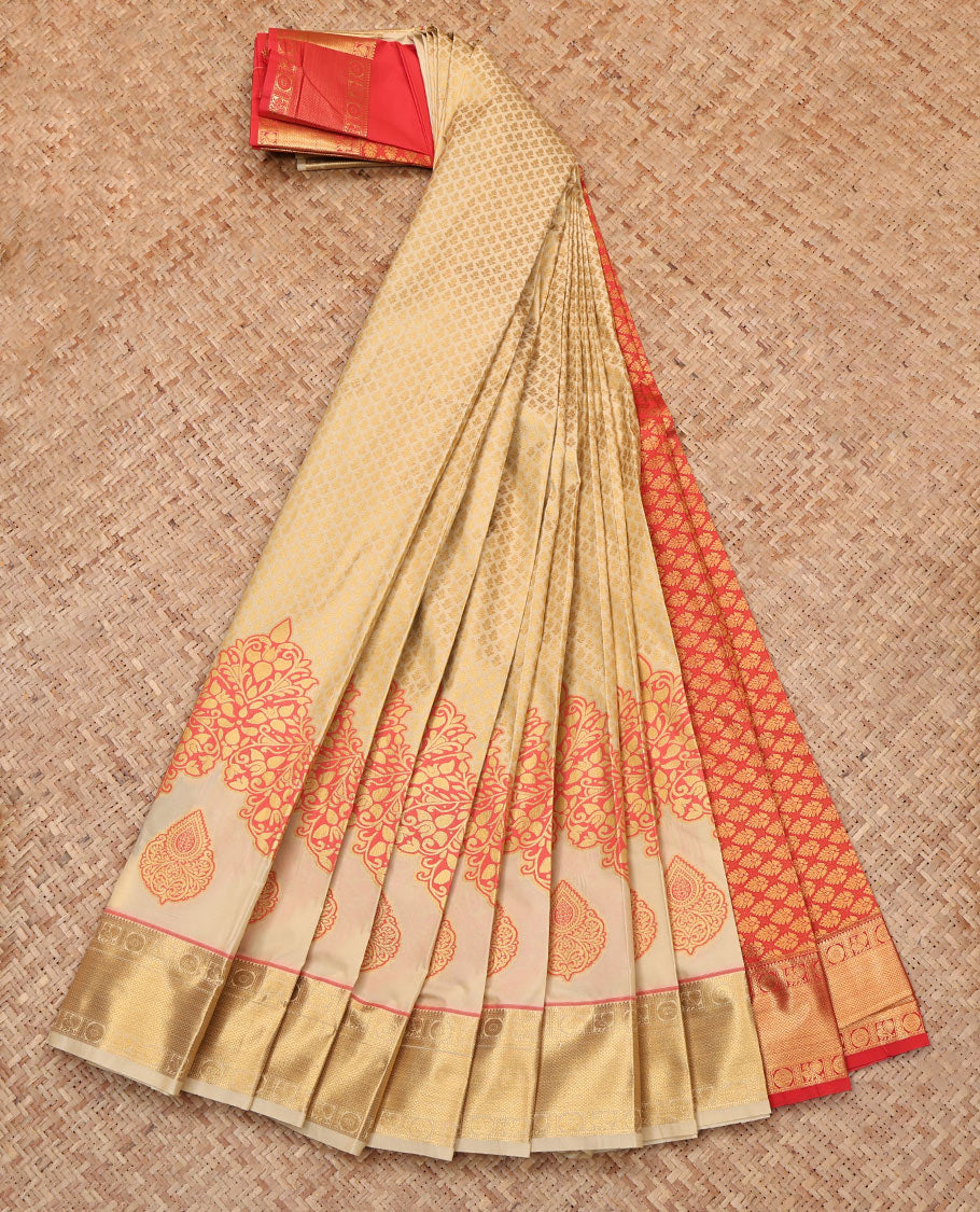 Sandal Budget Silk Saree, Subtly Sparkled with Jacquard Designs, Highlighted by a Traditional Zari Border, Contrast Grand Pallu, and Contrast Blouse