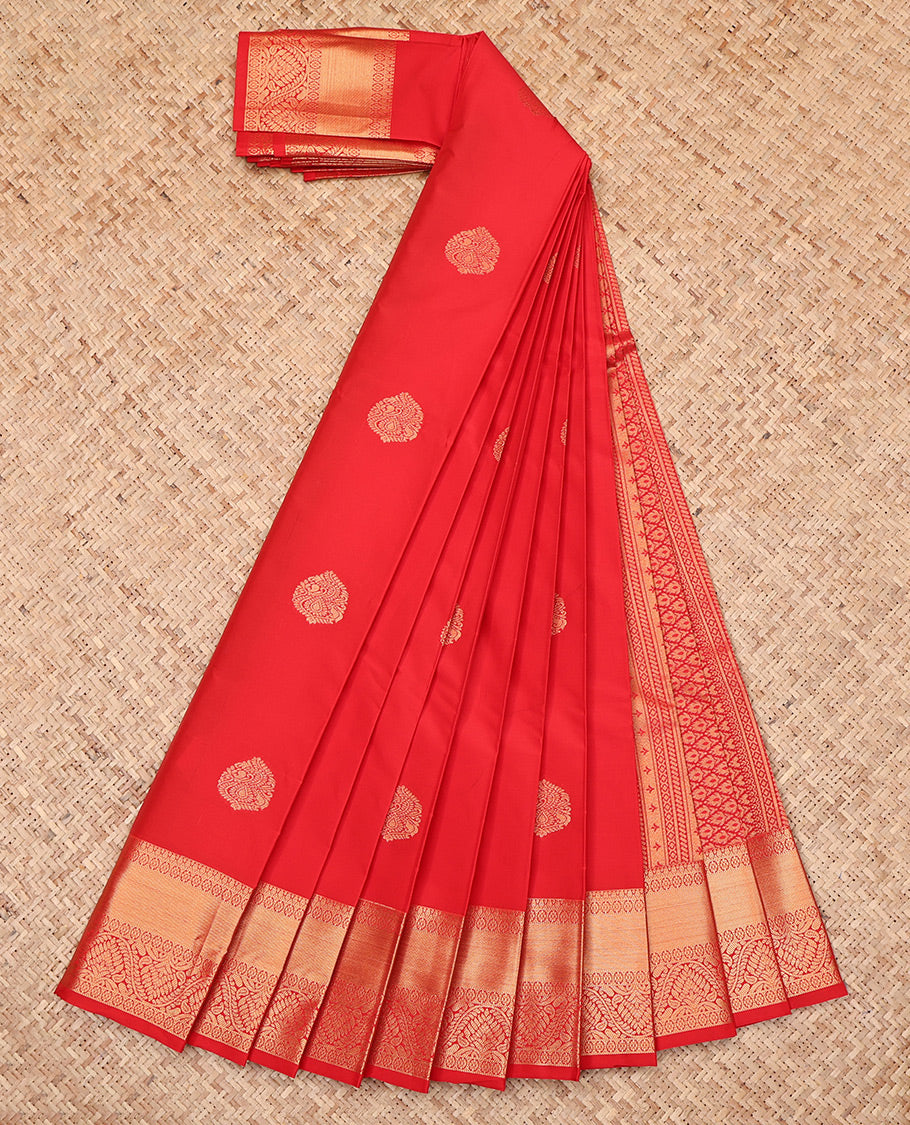 Red Budget Silk Saree, Spotlighted with Zari Buttas, Highlighted by a Traditional Zari Border, Intricate Pallu, and Matching Blouse