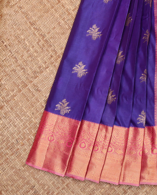 Violet Budget Silk Saree, Detailed with Zari Buttas, Complemented by a Contrast Traditional Zari Border, Grand Pallu, and a Contrast Blouse