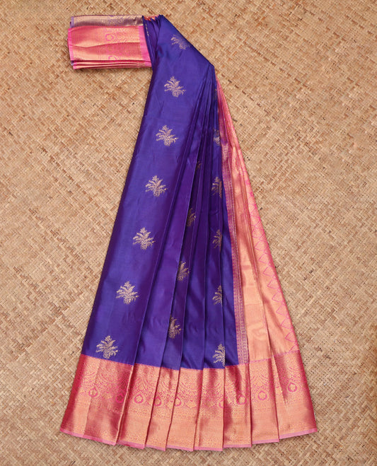 Violet Budget Silk Saree, Detailed with Zari Buttas, Complemented by a Contrast Traditional Zari Border, Grand Pallu, and a Contrast Blouse