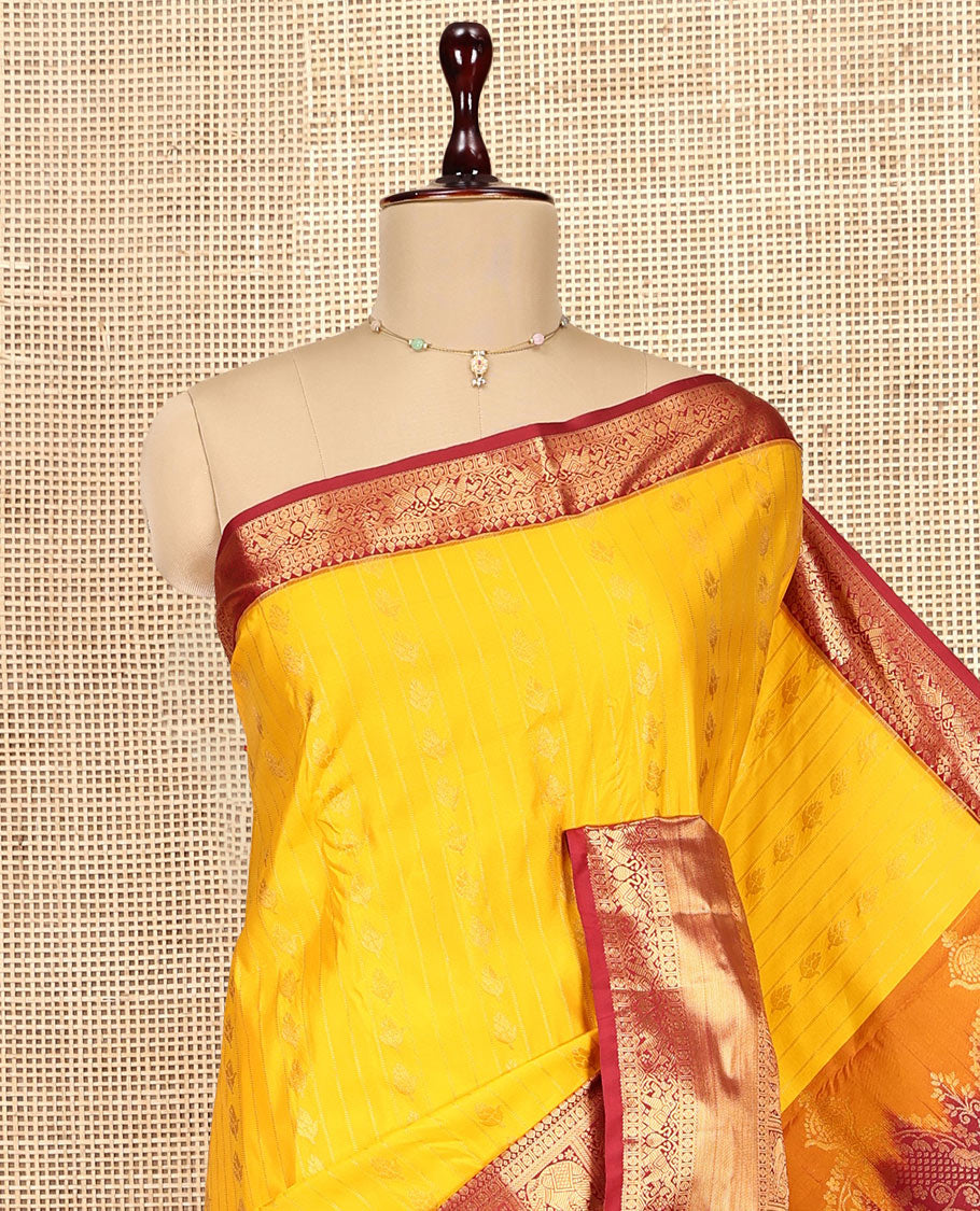 Orange Budget Silk Saree, Delicately Woven with Zari Buttas, Complemented by a Contrast Traditional Zari Border, Grand Pallu, and a Contrast Blouse