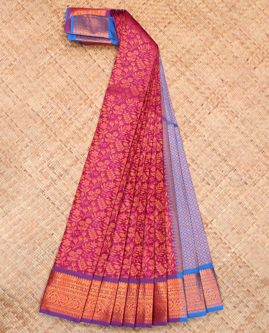Pink Budget Silk Saree, Bedecked with Floral Vine Design, Complemented by Contrast Traditional Floral Creeper Zari Border, a Jaal Pallu and a Contrast Blouse