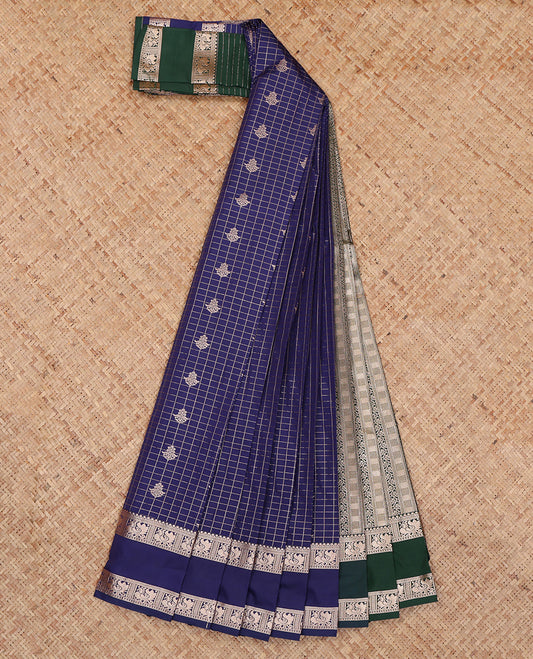 Navy Budget Silk Saree, Detailed with Zari Buttas and Checks, Highlighted by Traditional Zari Rettai Pettu Border, Contrast Grand Pallu, and a Contrast Blouse
