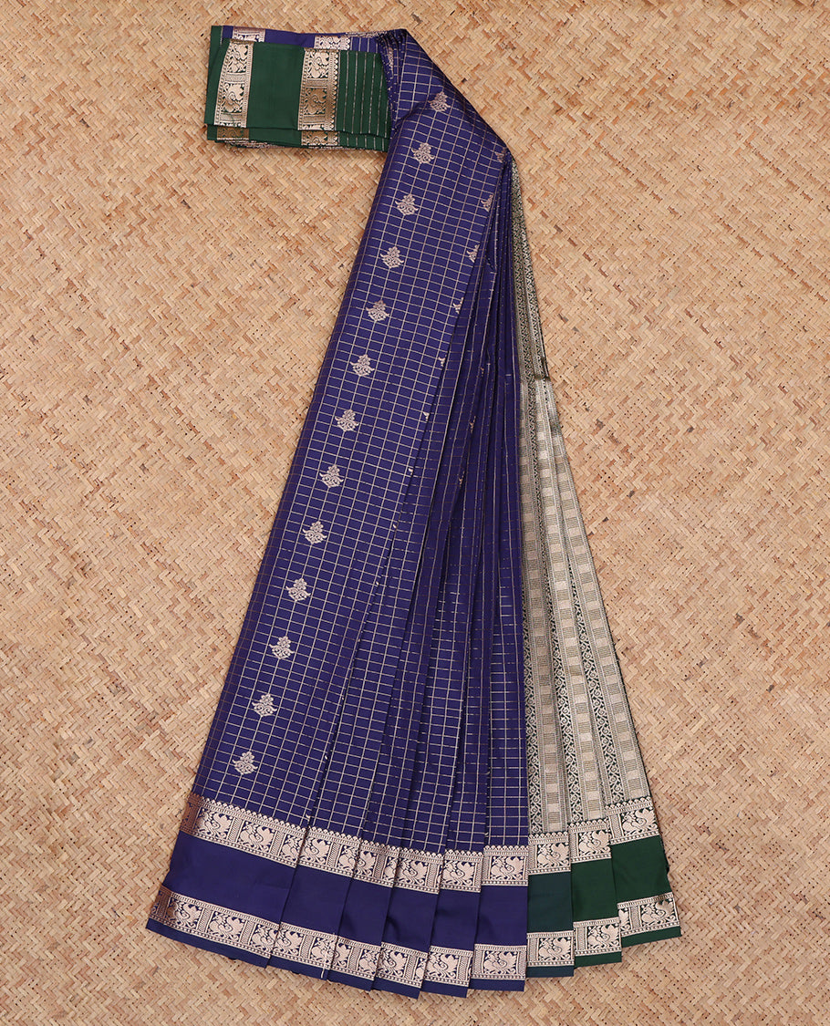 Navy Budget Silk Saree, Detailed with Zari Buttas and Checks, Highlighted by Traditional Zari Rettai Pettu Border, Contrast Grand Pallu, and a Contrast Blouse